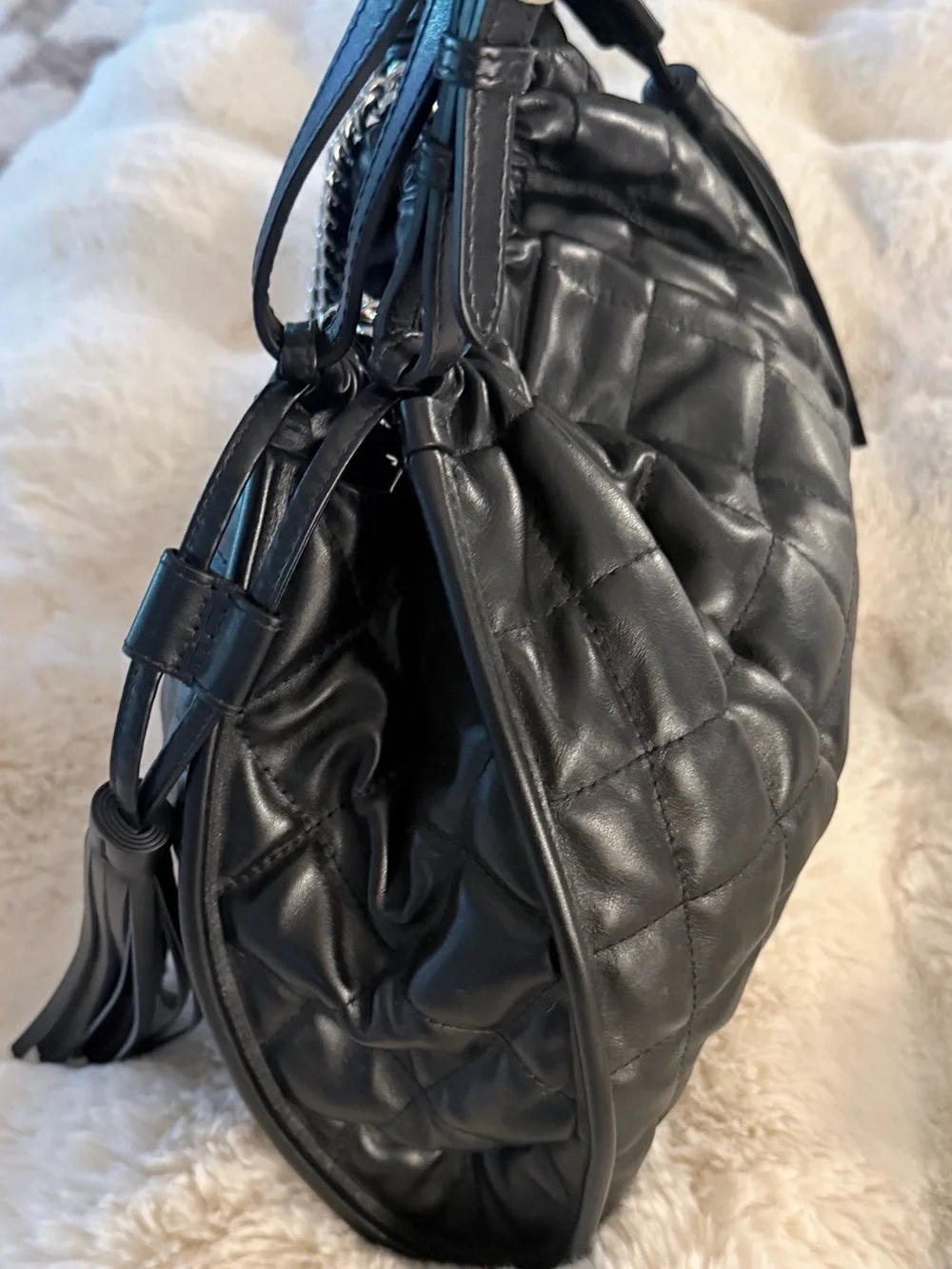 Gucci Matte Black Deco Quilted Leather Shoulder Bag with Leather Tassels